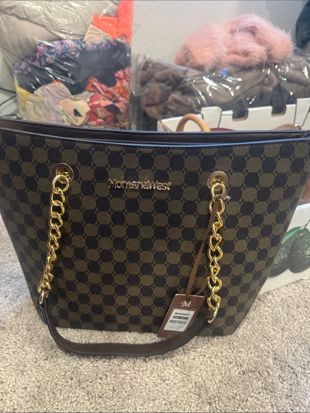 Montana West Navy and Brown Checkered Tote with Gold Chain Details